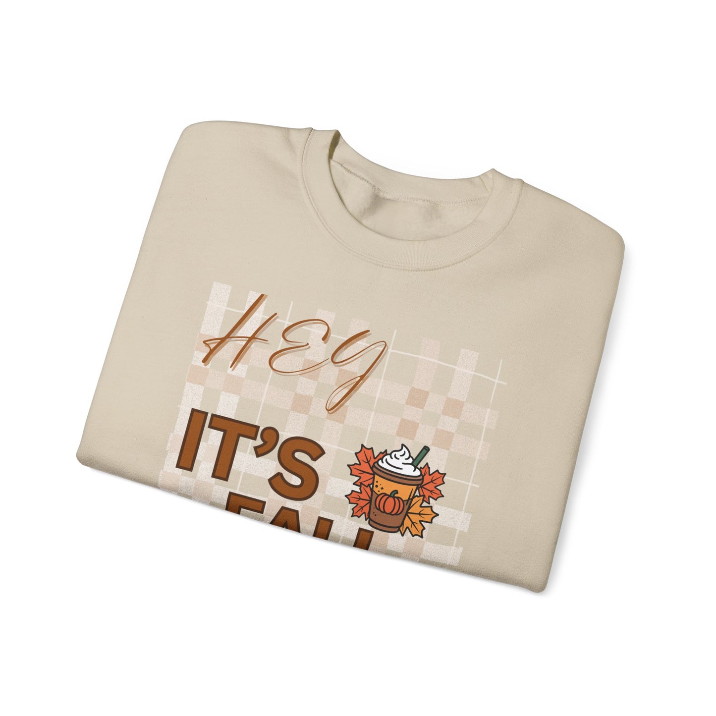 Crewneck Sweatshirt — "Hey It’s Fall Y’all" Plaid Pumpkin Autumn Pullover