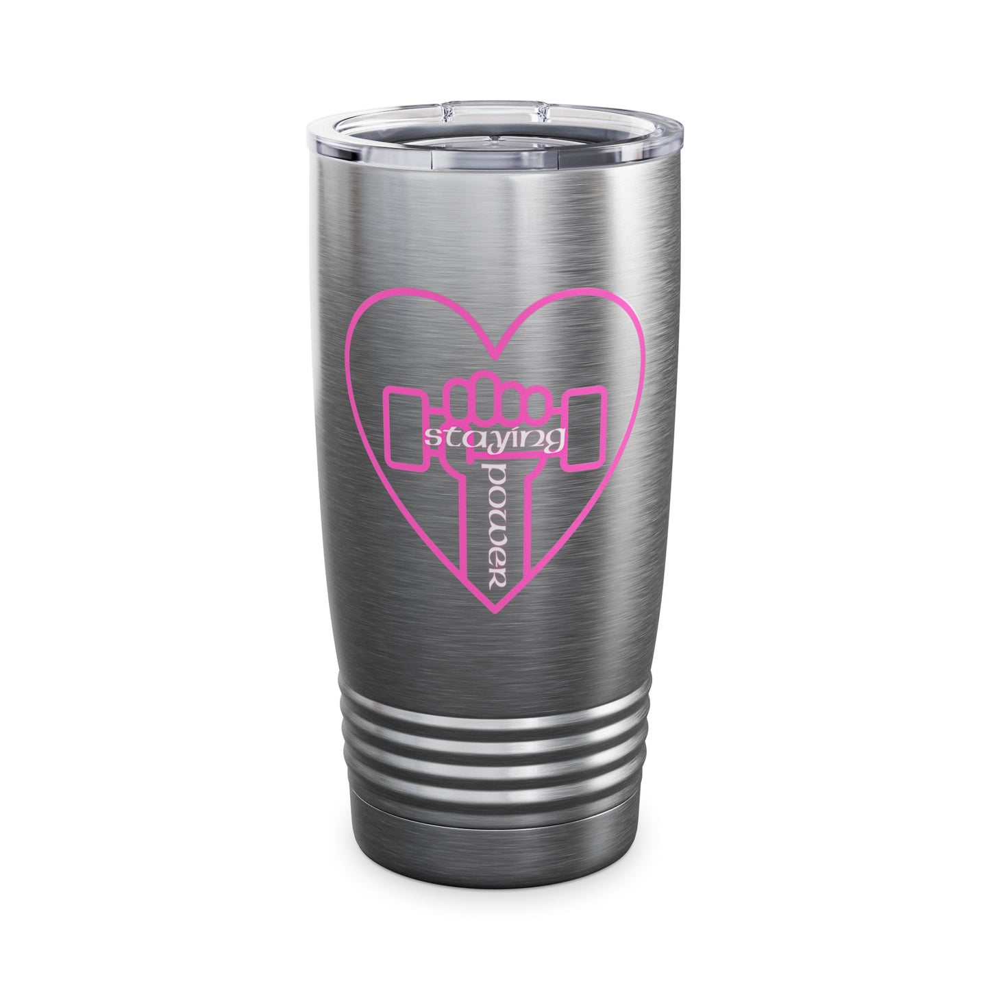 Fitness Love Ringneck Tumbler | Heart Workout Travel Mug | Gym Lover Gift | Cute Insulated Cup | Pink Dumbbell Design