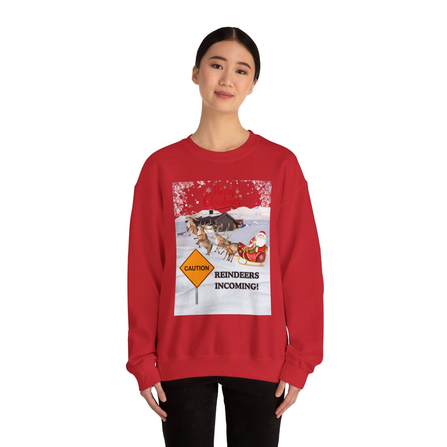 Christmas Sweatshirt - "Caution Reindeers Incoming!" Holiday Crewneck