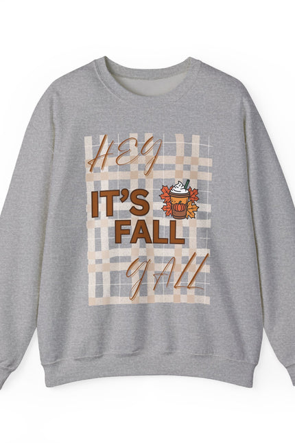 Crewneck Sweatshirt — "Hey It’s Fall Y’all" Plaid Pumpkin Autumn Pullover
