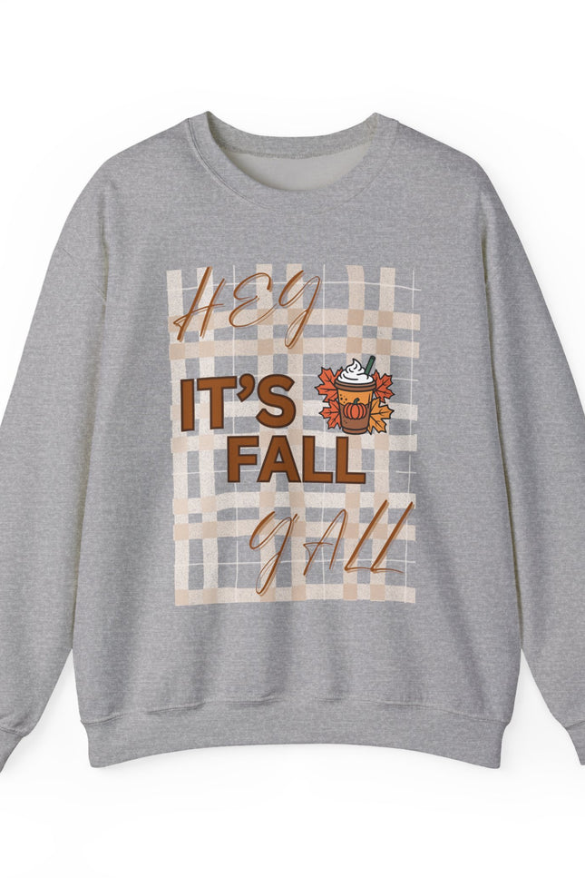 Crewneck Sweatshirt — "Hey It’s Fall Y’all" Plaid Pumpkin Autumn Pullover
