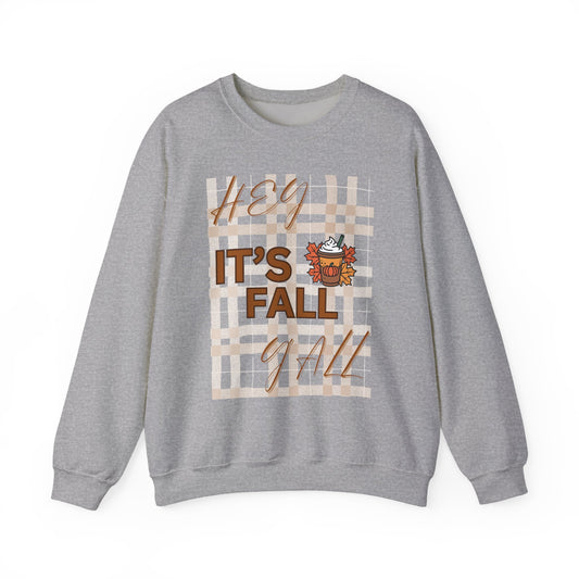 Crewneck Sweatshirt — "Hey It’s Fall Y’all" Plaid Pumpkin Autumn Pullover