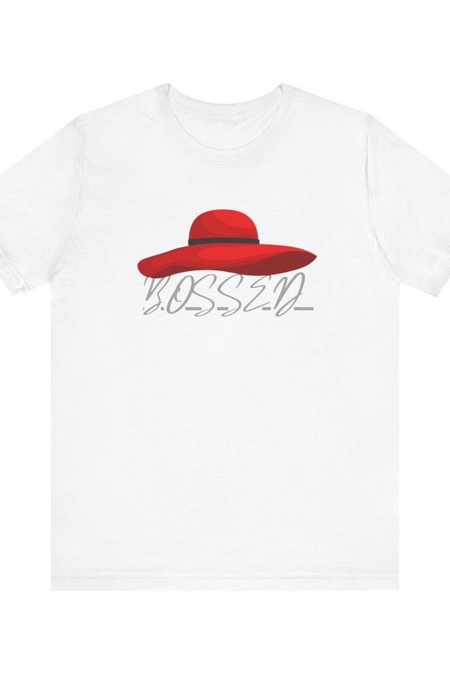 Bold 'BOSSED' Red Hat Unisex Tee, Casual Fashion, Gift for Her, Birthday Shirt, Everyday Wear, Statement Top, Trendy Apparel