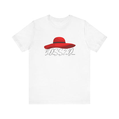 Bold 'BOSSED' Red Hat Unisex Tee, Casual Fashion, Gift for Her, Birthday Shirt, Everyday Wear, Statement Top, Trendy Apparel