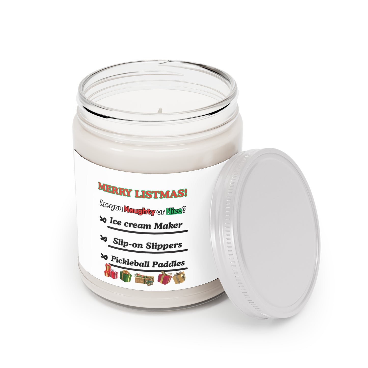 Soy Candle - "Merry Listmas!" Naughty or Nice Holiday Scented Jar (9oz, White Lid)