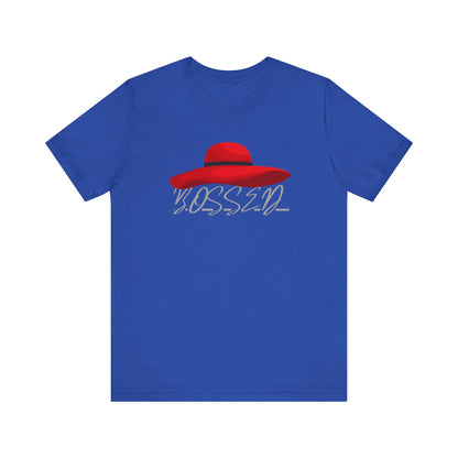 Bold 'BOSSED' Red Hat Unisex Tee, Casual Fashion, Gift for Her, Birthday Shirt, Everyday Wear, Statement Top, Trendy Apparel