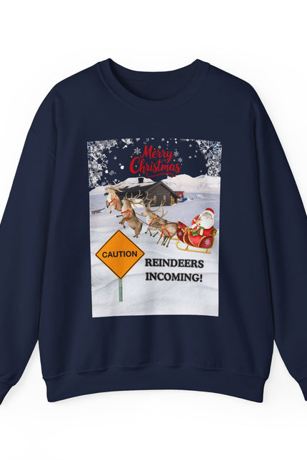 Christmas Sweatshirt - "Caution Reindeers Incoming!" Holiday Crewneck
