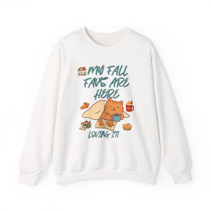 Fall Cat Crewneck Sweatshirt — “My Fall Faves Are Here” Cozy Autumn Pullover