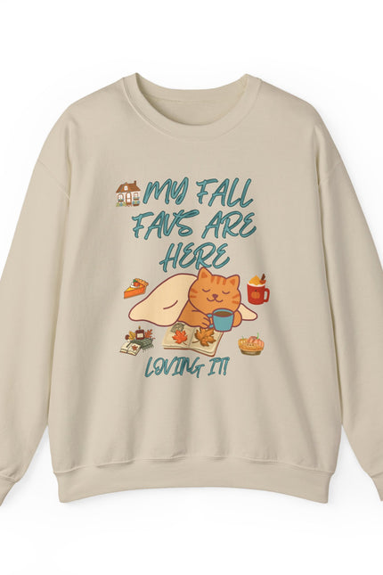 Fall Cat Crewneck Sweatshirt — “My Fall Faves Are Here” Cozy Autumn Pullover