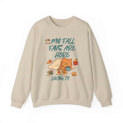 Fall Cat Crewneck Sweatshirt — “My Fall Faves Are Here” Cozy Autumn Pullover