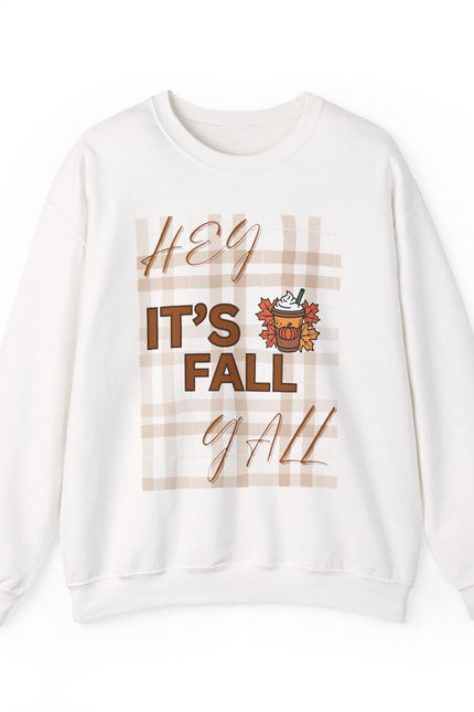Crewneck Sweatshirt — "Hey It’s Fall Y’all" Plaid Pumpkin Autumn Pullover