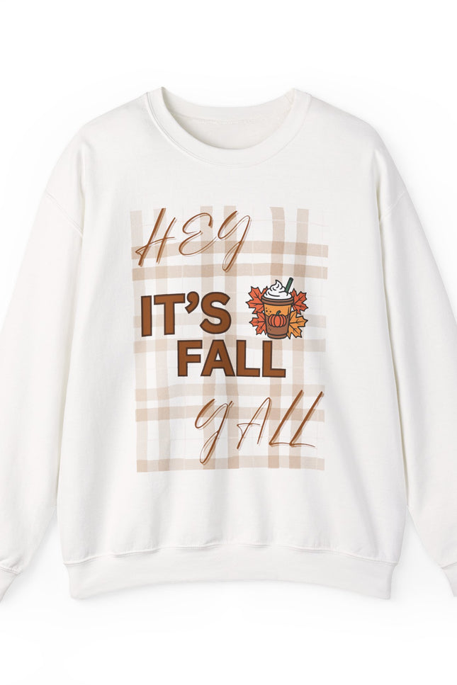 Crewneck Sweatshirt — "Hey It’s Fall Y’all" Plaid Pumpkin Autumn Pullover