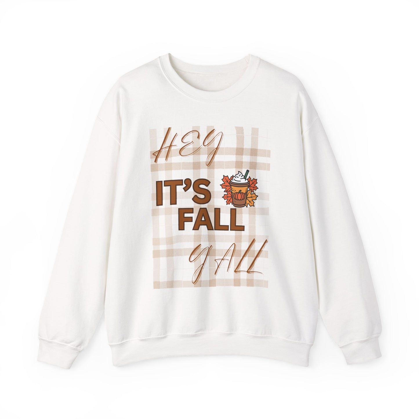 Crewneck Sweatshirt — "Hey It’s Fall Y’all" Plaid Pumpkin Autumn Pullover