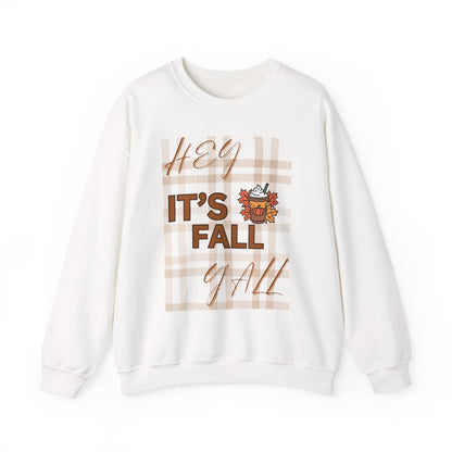 Crewneck Sweatshirt — "Hey It’s Fall Y’all" Plaid Pumpkin Autumn Pullover
