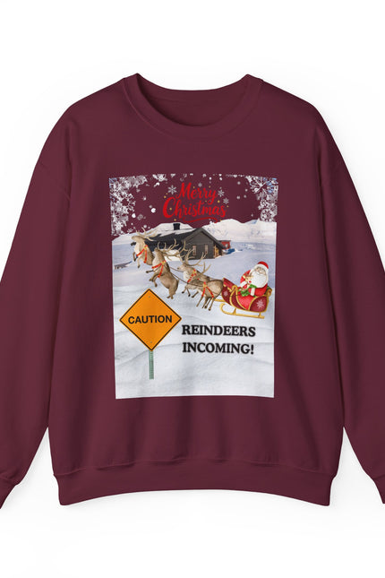 Christmas Sweatshirt - "Caution Reindeers Incoming!" Holiday Crewneck