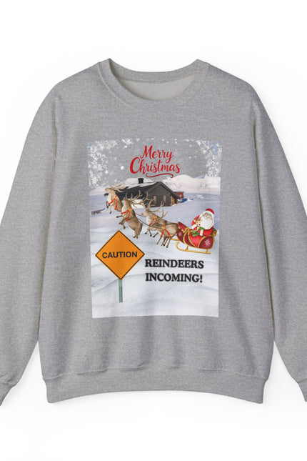 Christmas Sweatshirt - "Caution Reindeers Incoming!" Holiday Crewneck