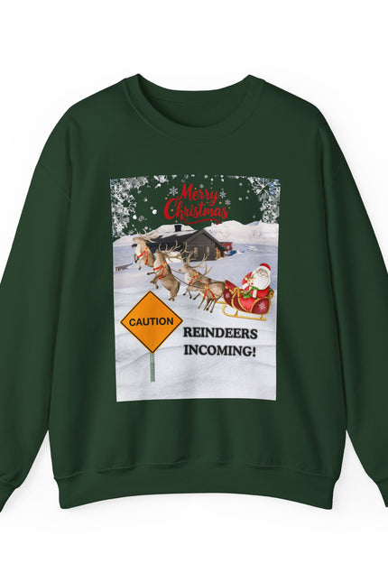 Christmas Sweatshirt - "Caution Reindeers Incoming!" Holiday Crewneck
