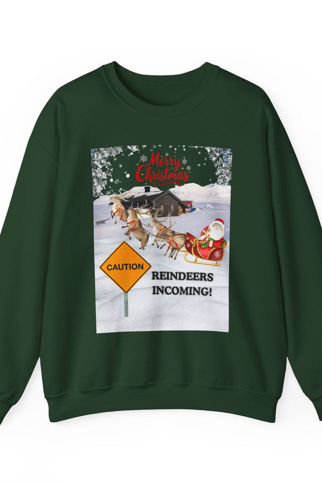 Christmas Sweatshirt - "Caution Reindeers Incoming!" Holiday Crewneck