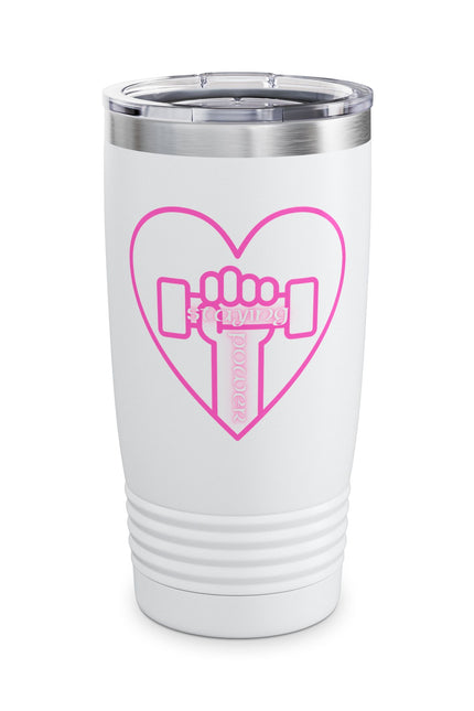 Fitness Love Ringneck Tumbler | Heart Workout Travel Mug | Gym Lover Gift | Cute Insulated Cup | Pink Dumbbell Design