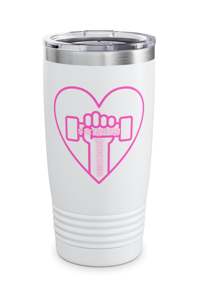 Fitness Love Ringneck Tumbler | Heart Workout Travel Mug | Gym Lover Gift | Cute Insulated Cup | Pink Dumbbell Design