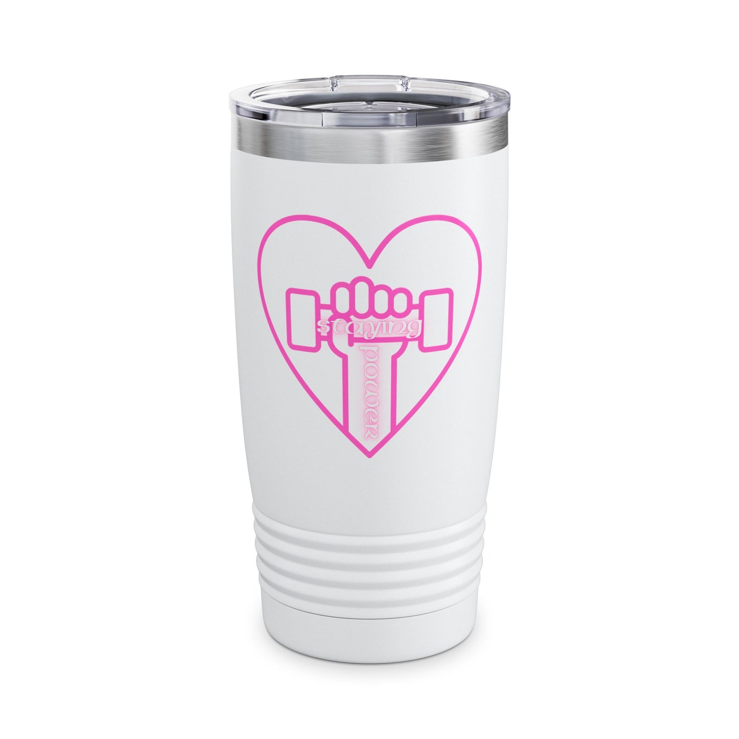 Fitness Love Ringneck Tumbler | Heart Workout Travel Mug | Gym Lover Gift | Cute Insulated Cup | Pink Dumbbell Design