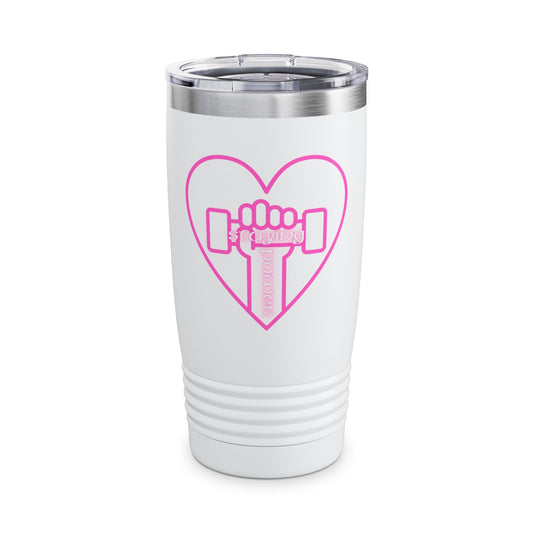 Fitness Love Ringneck Tumbler | Heart Workout Travel Mug | Gym Lover Gift | Cute Insulated Cup | Pink Dumbbell Design