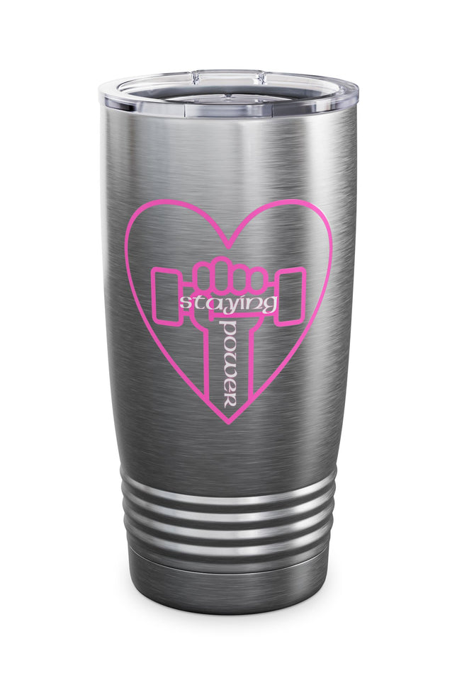 Fitness Love Ringneck Tumbler | Heart Workout Travel Mug | Gym Lover Gift | Cute Insulated Cup | Pink Dumbbell Design