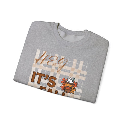 Crewneck Sweatshirt — "Hey It’s Fall Y’all" Plaid Pumpkin Autumn Pullover