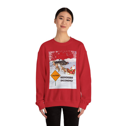 Christmas Sweatshirt - "Caution Reindeers Incoming!" Holiday Crewneck