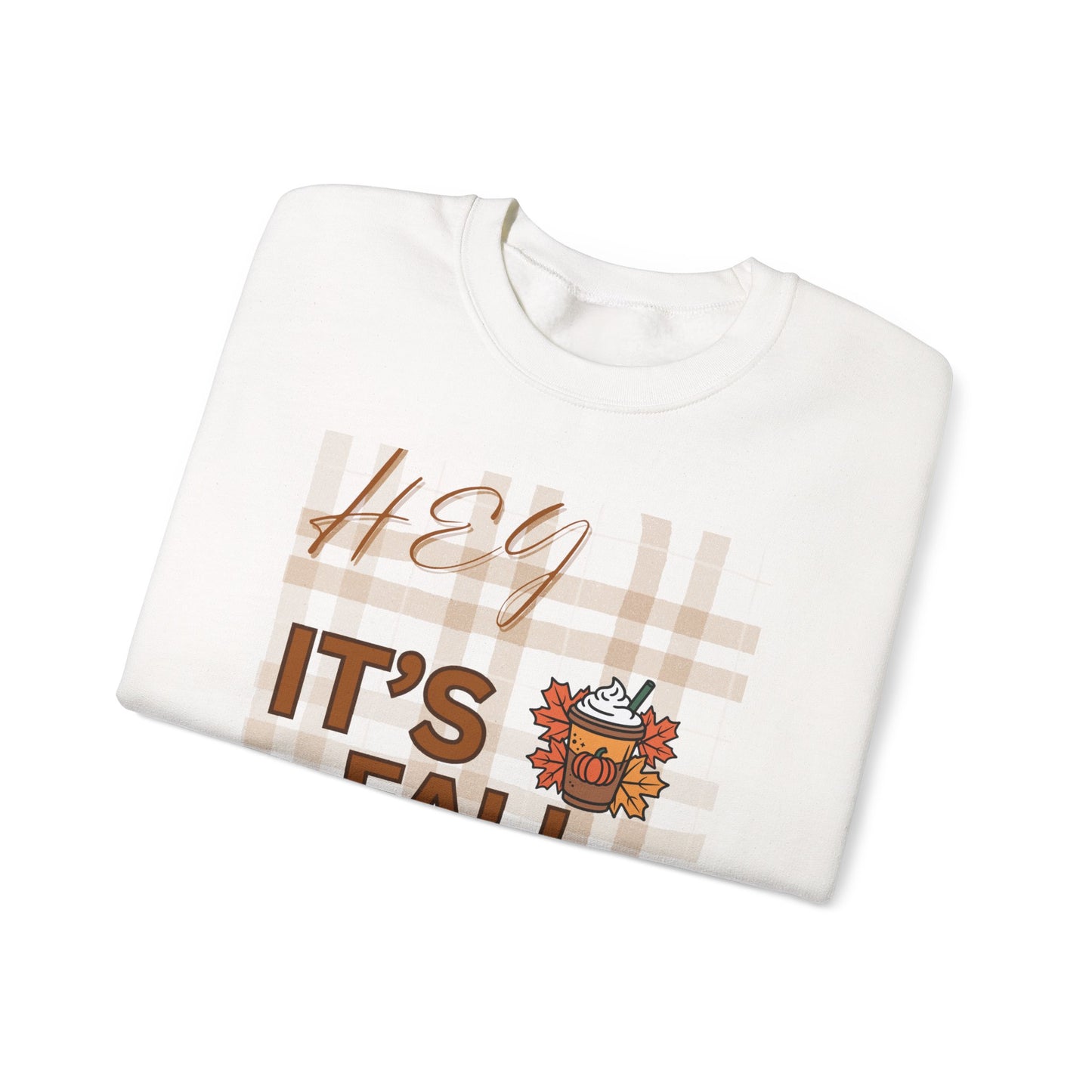 Crewneck Sweatshirt — "Hey It’s Fall Y’all" Plaid Pumpkin Autumn Pullover