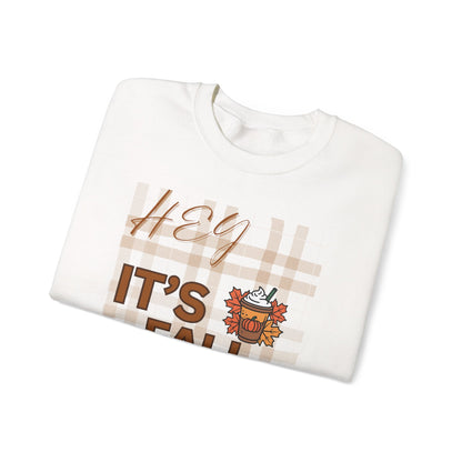Crewneck Sweatshirt — "Hey It’s Fall Y’all" Plaid Pumpkin Autumn Pullover