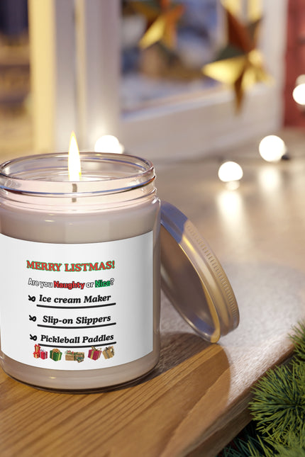 Soy Candle - "Merry Listmas!" Naughty or Nice Holiday Scented Jar (9oz, White Lid)