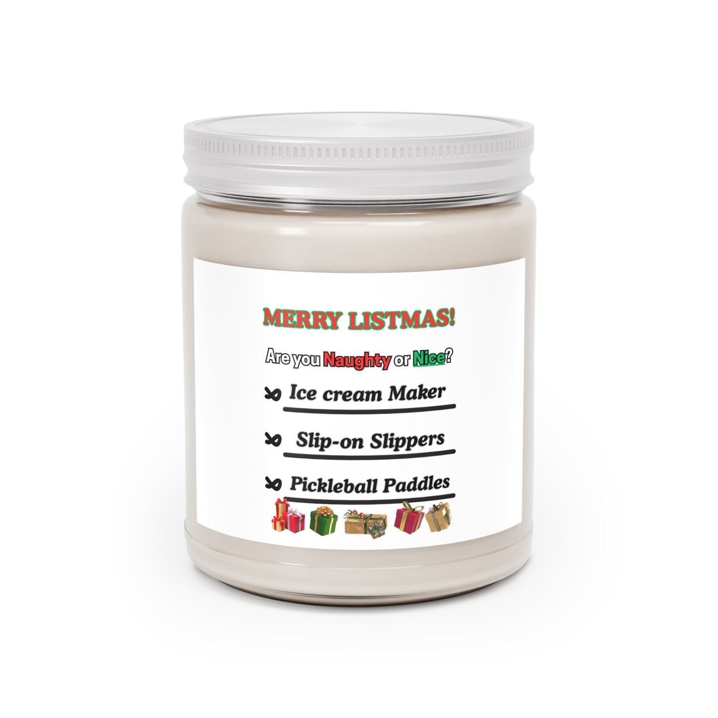 Soy Candle - "Merry Listmas!" Naughty or Nice Holiday Scented Jar (9oz, White Lid)