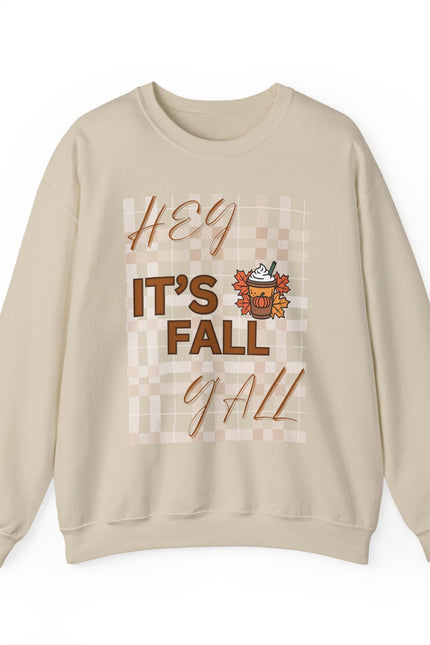 Crewneck Sweatshirt — "Hey It’s Fall Y’all" Plaid Pumpkin Autumn Pullover