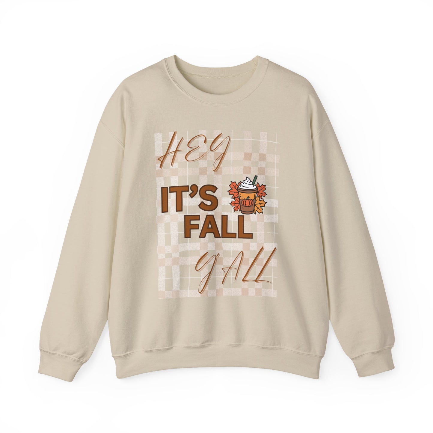 Crewneck Sweatshirt — "Hey It’s Fall Y’all" Plaid Pumpkin Autumn Pullover