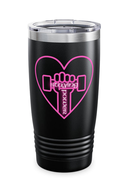 Fitness Love Ringneck Tumbler | Heart Workout Travel Mug | Gym Lover Gift | Cute Insulated Cup | Pink Dumbbell Design