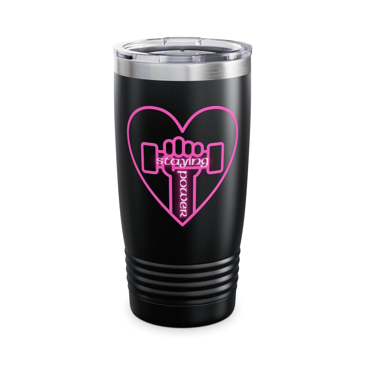 Fitness Love Ringneck Tumbler | Heart Workout Travel Mug | Gym Lover Gift | Cute Insulated Cup | Pink Dumbbell Design